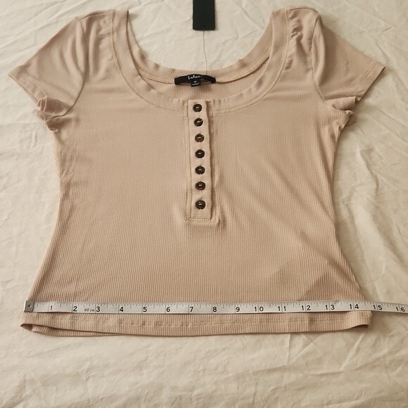 Lulus Ribbed Henley Cropped Top T-shirt Blouse Tan Beige size M new with tag - Picture 11 of 11